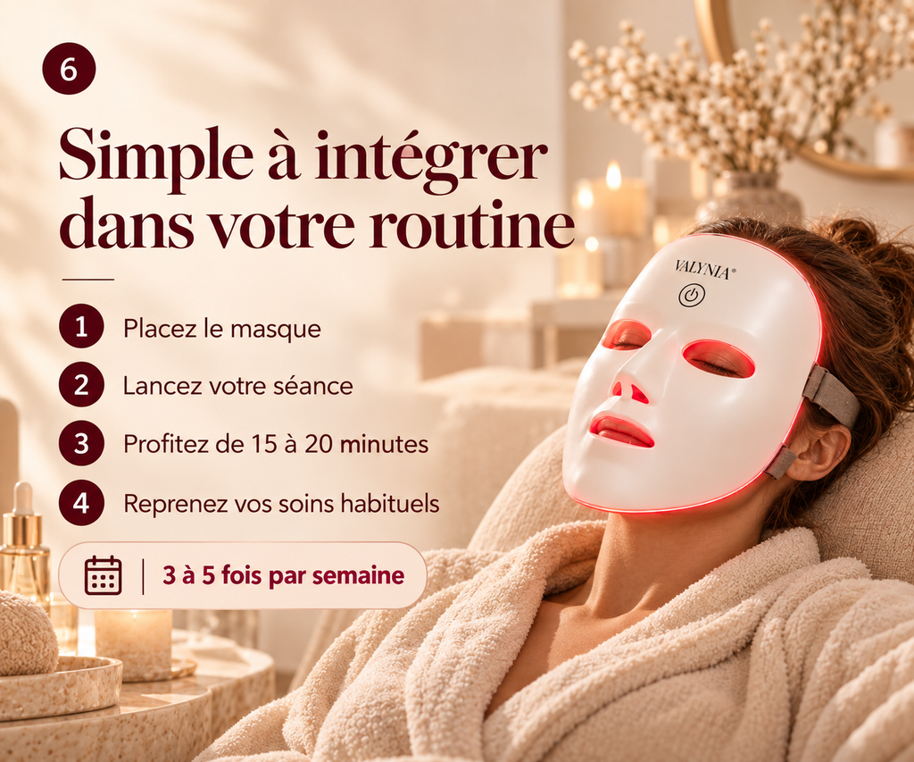 VALYNIA Shift Mask — routine LED 15 à 20 minutes, 3 à 5 fois par semaine